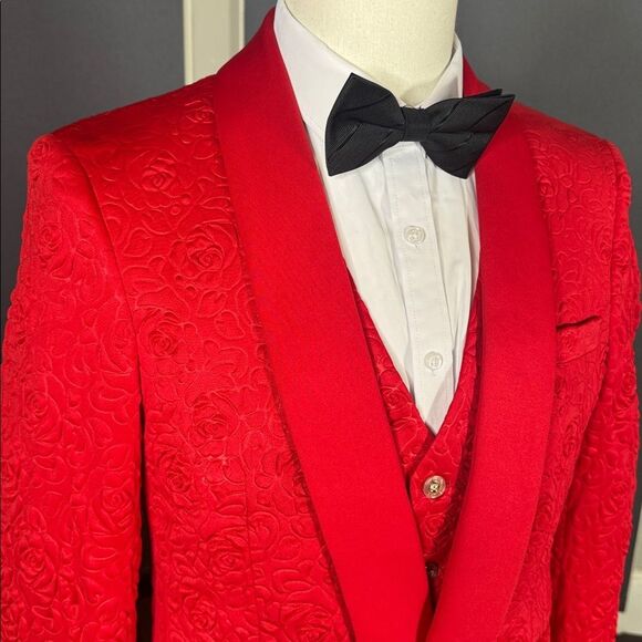 Men’s Slim Fit Red Floral 3 Piece Prom Party Tuxedo Suit 34 Jacket 31 Pants NEW - Picture 2 of 16